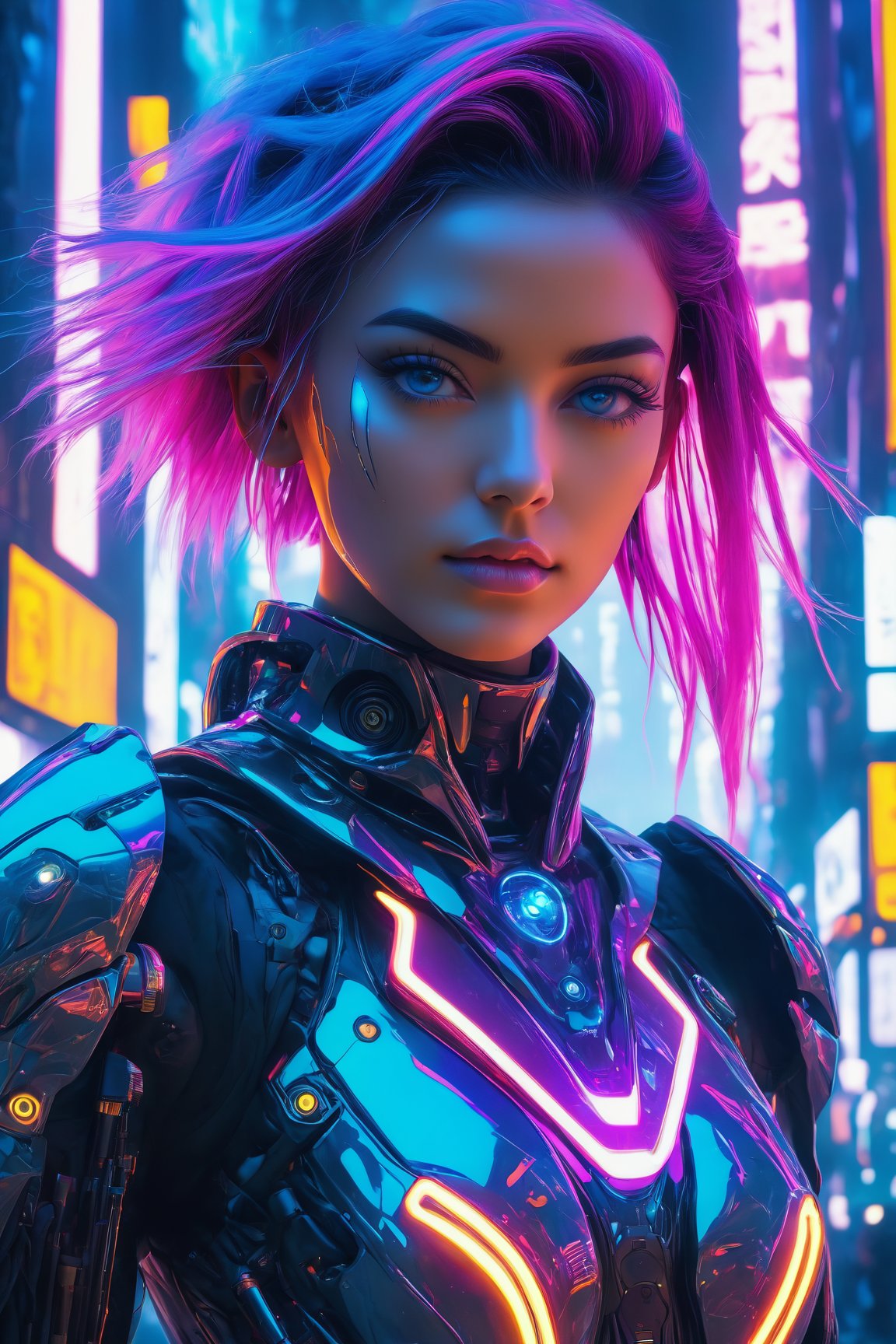 (best quality,4k,8k,highres,masterpiece:1.2),ultra-detailed,(realistic,photorealistic,photo-realistic:1.37),cyborg,1girl,neon hair,niji style,futuristic,electric atmosphere,vibrant colors,glowing lights,metallic reflections,digital enhancements,energetic pose,eye-catching,artificial intelligence,tech-inspired,fluid motion,dynamic composition,sci-fi elements,urban setting,gritty background,dystopian vibes,edgy fashion,cyberpunk aesthetics,holographic effects,retro-futurism,synthetic beauty,neon signs,rich textures,immersive experience,advanced technology,cybernetic enhancements,otherworldly,expressive eyes,mechanical details,modern art,unique perspective,experimental,cosmic energy,nanoscale implants,ethereal presence,augmented reality,creative expression,limitless possibilities