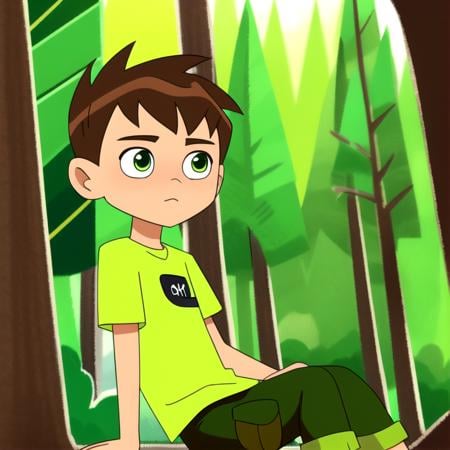 1boy,solo,brown hair,green eyes,spikied hair,green shirt,lookind at viewer ,sitting,green pants,blue sky,trees<lora:Ben10rebootstyle:0.8>