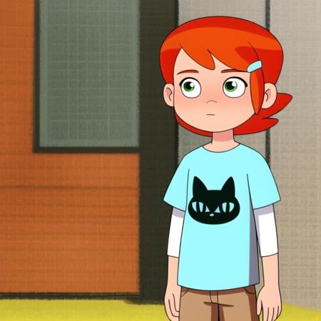 masterpiece,best quality,  1girl, solo, short hair, bangs, shirt, hair ornament, long sleeves, 1boy, green eyes, standing, white shirt, short sleeves, red hair, cowboy shot, shorts, hairclip,  orange hair,  dutch angle, frown, parody, blue shirt, animal print, t-shirt, hands in pockets,  female child, style parody, layered sleeves, print shirt, short over long sleeves, brown shorts, cat print, aqua shirt <lora:Ben10rebootstyle:0.8>