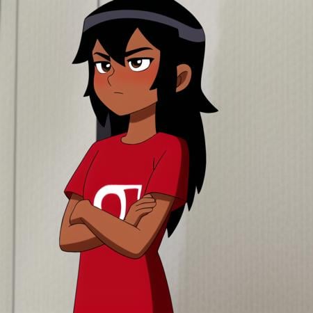 masterpiece,best quality,1girl,solo,upper body,crossed arms,blush,lookind at viewer,child,black hair,long hair ,red shirt,brown eyes,dark skinned female,official style ,anime coloring<lora:Ben10rebootstyle:0.8> 