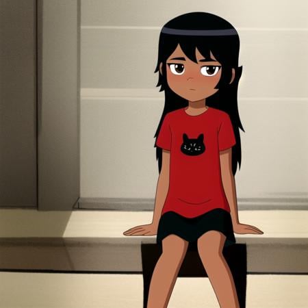 masterpiece,best quality,1girl,solo,upper body,sitting,blush,lookind at viewer,child,black hair,long hair ,red shirt,brown eyes,dark skinned female,official style ,anime coloring<lora:Ben10rebootstyle:0.8> 