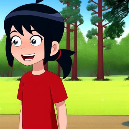 masterpiece,best quality, 1girl,red shirt,black hair,pony tail, smile, upper body, open mouth,blue sky,trees,anime coloring,bright colors,  child, meme, style parody,female child,official style   <lora:Ben10rebootstyle:0.8>