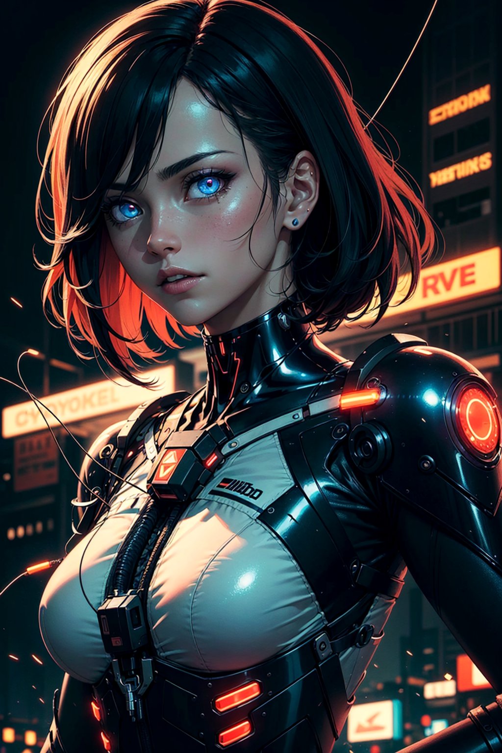Girl with body of cyborg lady, cybernetic jaw, mechanical parts, white shirt, unbottoned, black latex skirt, metal skin, glowing red eyes, cables, wires, black hair, simple backgroundmasterpiece, best quality, realistic, ultra highres, depth of field, (full dual colour neon lighting:1.2), (detailed face:1.2), (detailed eyes:1.2), (detailed background:1.2), (mountain:1) (masterpiece:1.2), (ultra detailed), (best quality), intricate, comprehensive cinematic, magical photography, (gradients), colorful, detailed landscape, visual key, shiny skin,