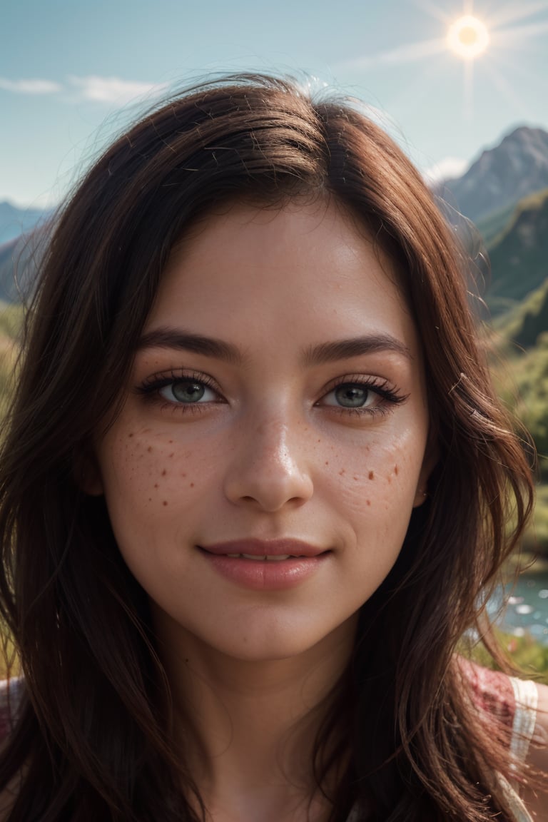 (best quality, 8k, highres, masterpiece:1.2), photorealistic, ultra-detailed, vibrant photography of a woman in nature, cute smile, dramatic lighting, finely detailed beautiful eyes, fine detailed skin, Natural scenery, majestic landscape, colorful flowers, distant mountains, flowing rivers, melting sunset, serene atmosphere, dazzling sunlight, blissful vibes, freckled face, luscious greenery, soft breeze, ethereal beauty
