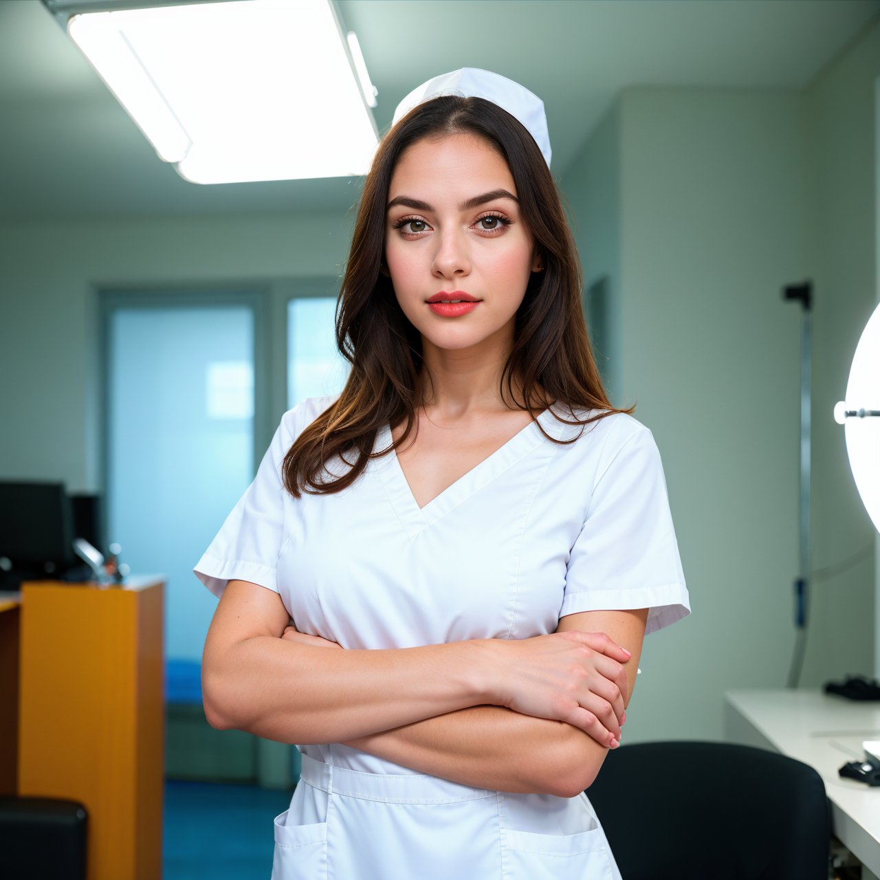 (RAW photo, best quality), (realistic, photo-realistic:1.3), wide angle photo, masterpiece, 1girl, cute, young, (upper body:1.3), realistic face, standing, studio lighting
in hospital operating room, surgical gloves, medical equipment, anesthesia machine
(((White))) nurse uniform smooth, nurse, nurse hat, stethoscope  Dr. She