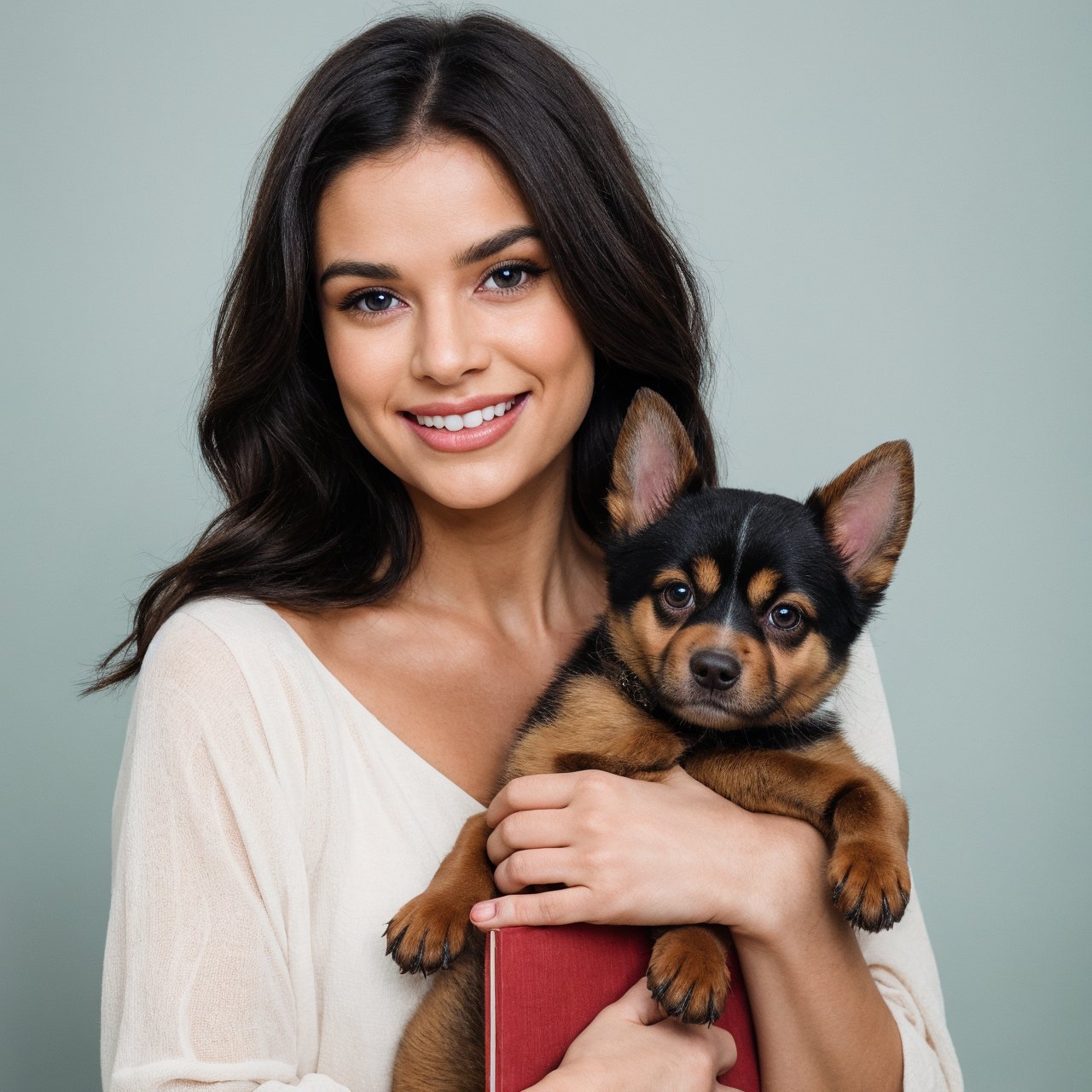Cute puppy. Beautiful puppy. Adorable puppy. Portrait of a woman in a white dress, holding a book with delicate hands, expressing beauty and strength. Detailed portrait of an indigenous woman in cartoon style, with beautiful eyes, quick brushstrokes and vibrant colors. Cute puppy. Beautiful puppy. Masterpiece of a cute puppy, with red and white fur. Italian girl posing, detailed face, dark hair, athletic body, wearing red flannel and jeans. Soft hair, happy smile, cute Italian.