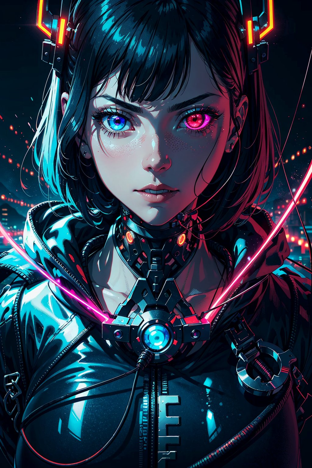full body of cyborg lady, cybernetic jaw, mechanical parts, white shirt, unbottoned, black latex skirt, metal skin, glowing red eyes, cables, wires, black hair, simple backgroundmasterpiece, best quality, realistic, ultra highres, depth of field, (full dual colour neon lighting:1.2), (detailed face:1.4), (detailed eyes:1.2), (detailed background:1.2), (mountain:1) (masterpiece:1.2), (ultra detailed), (best quality), intricate, comprehensive cinematic, magical photography, (gradients), colorful, detailed landscape, visual key, shiny skin,