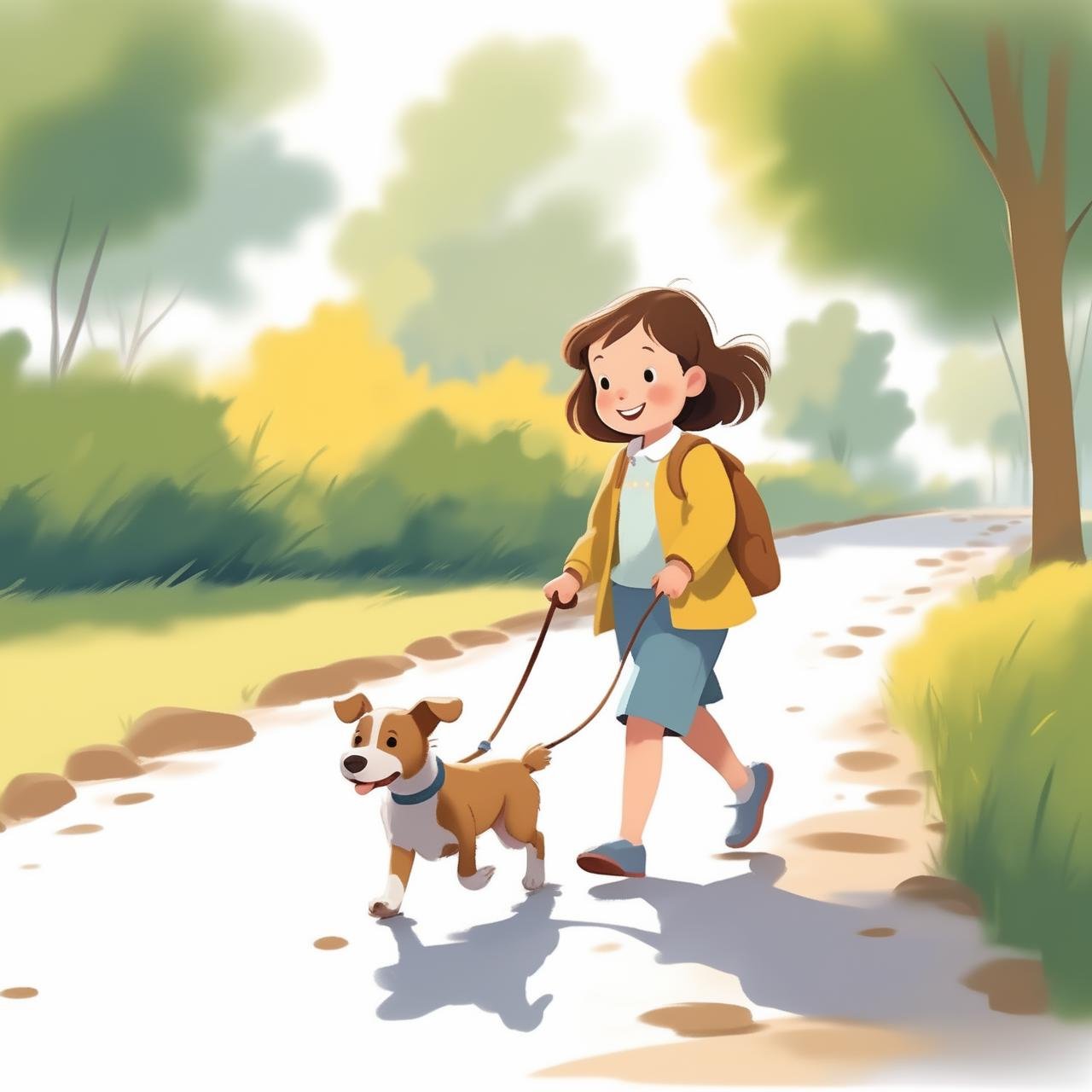 <lora:children huiben11-20231007-000006:0.75>,children's picture books,crayon paintings,white background,simple background,A little girl is walking her dog, facing the camera, slowly approaching, with high definition and quality,