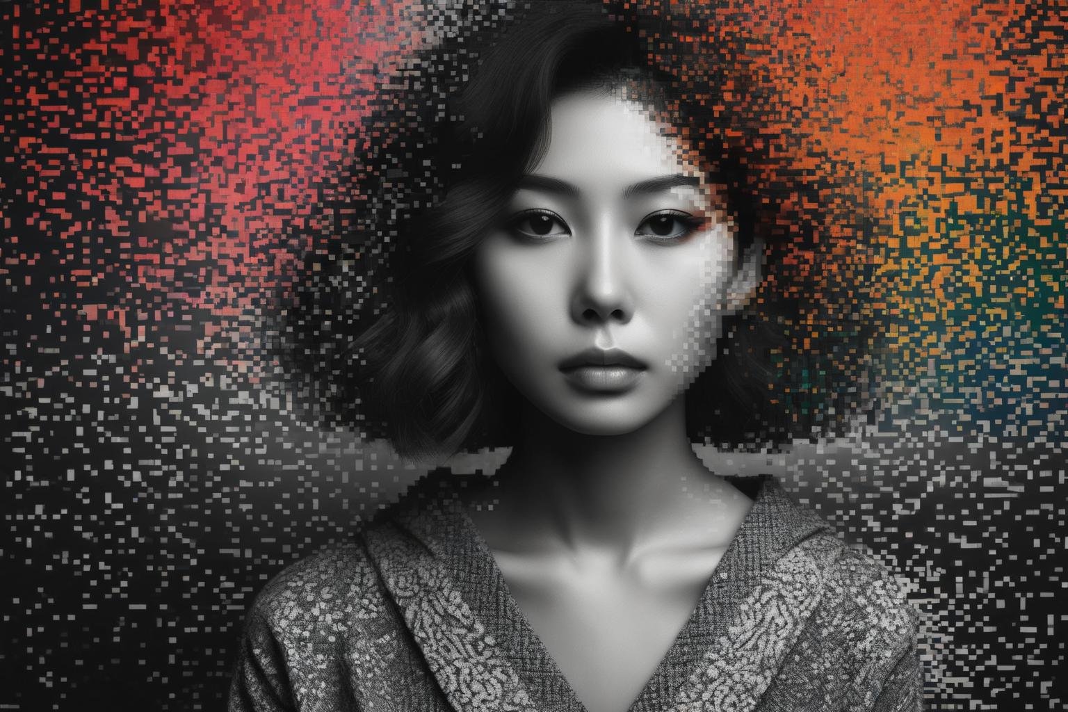 (melancholic black and white japanese girl dissolving into colorful pixels.:1.3) a color 35mm glamour close-up portrait photograph. melancholic scene. gazing at the intricate patterns of a mandala pre-winter at dusk as if shot by a famous fashion photographer using the aperture f/1.8. the mood is dark and gritty.<lora:aether_pixel_test2_231102_SDXL_LoRA_1e-6_128_dim_70_epochs:1>