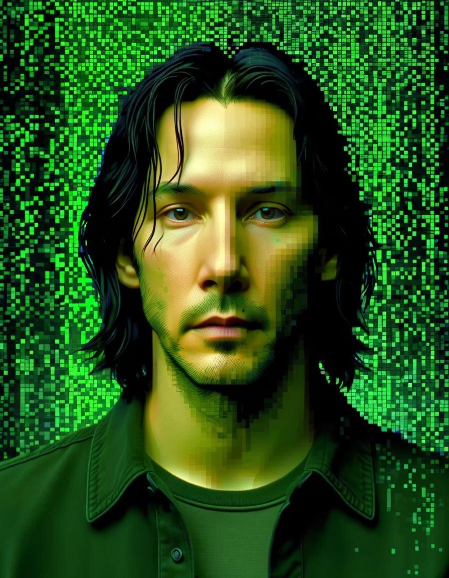<lora:Aether_Pixel_v1_SDXL_LoRA:1> neo played by keanu reeves dissolving into pixels, matrix 1999, cinematic, intricate, green matrix code in the background 