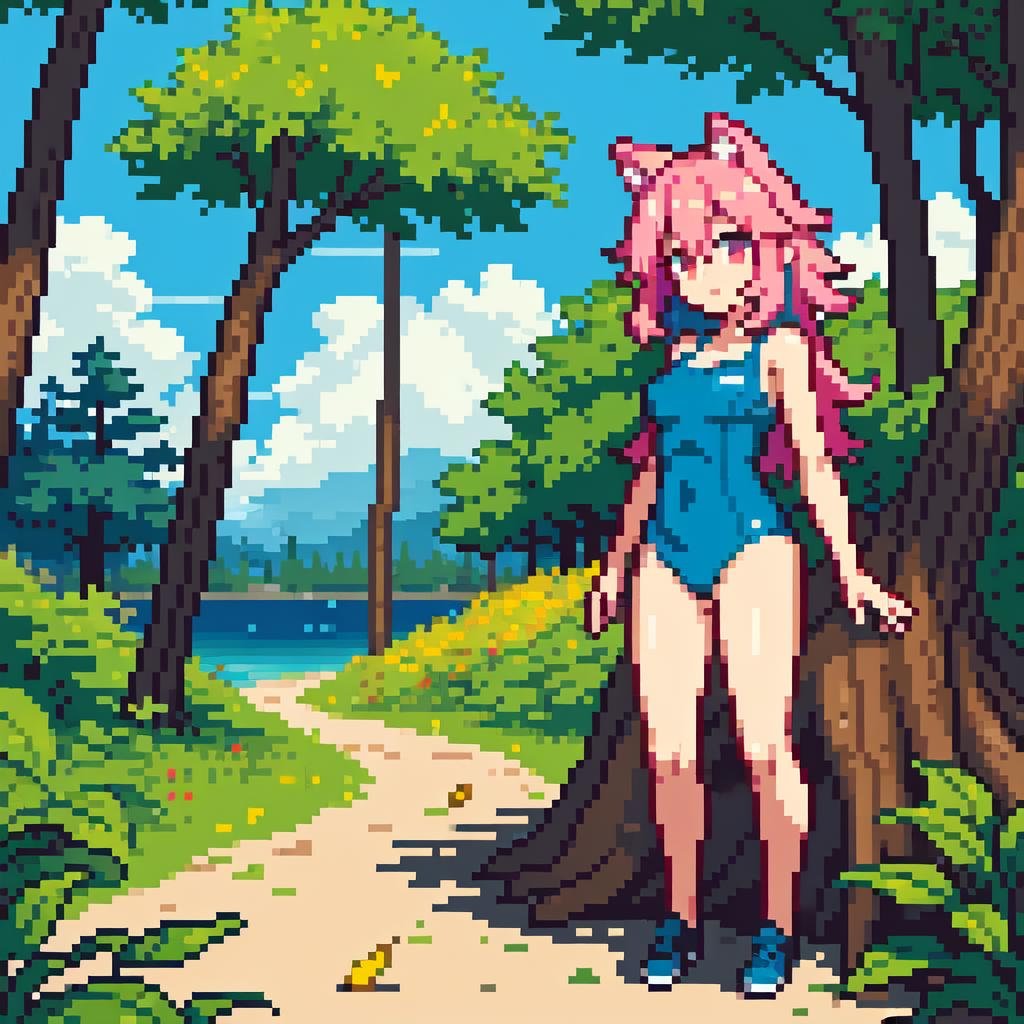 1girl, multicolored  pink hair, fullbody, pixel world,nature, forest, summer  yellow leaf, blue sky