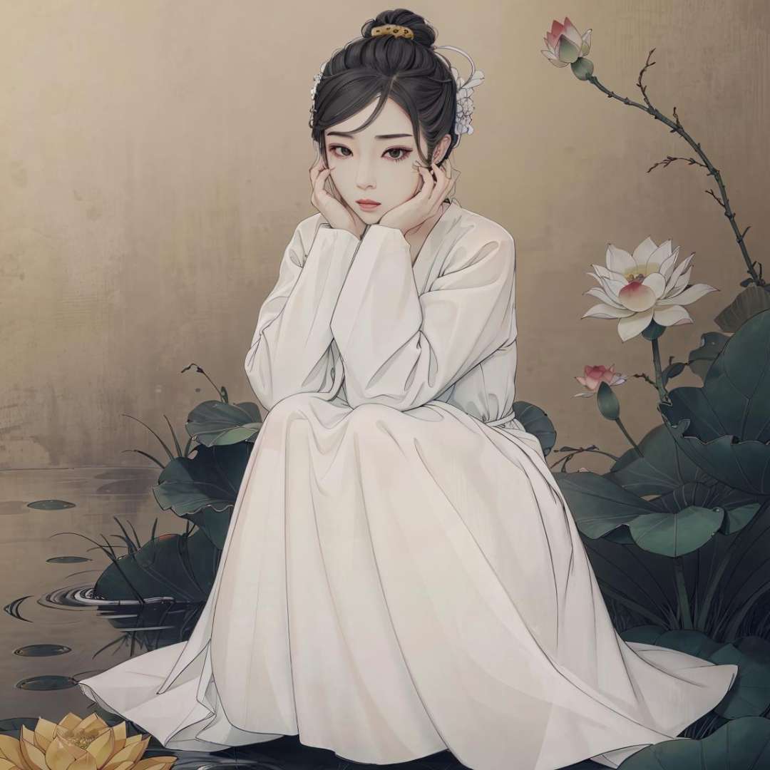 (masterpiece:0.8),best quality,gongbiv,gongbi painting,1girl,solo,black hair,flower,looking at viewer,black eyes,head rest,dress,sitting,hands on own face,lotus,long sleeves,white dress,full body,chinese clothes,lips,hair bun,hands on own cheeks,robe,short hair,lily pad,squatting,cloud,brown eyes,makeup,closed mouth,lipstick,Chinese style meticulous painting,<lora:gongbi painting:0.8>,
