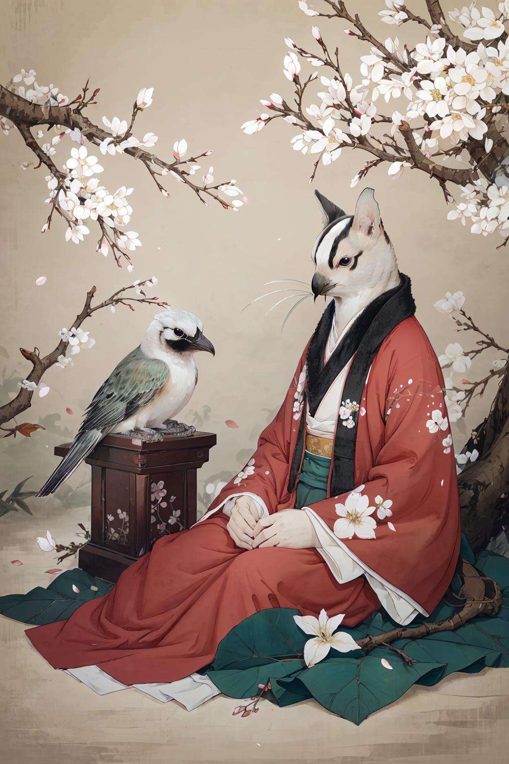 (masterpiece:0.8),best quality,gongbiv,gongbi painting,no humans,bird,white flower,branch,flower,animal focus,animal,simple background,tree,scenery,sitting,brown background,in tree,leaf,cherry blossoms,petals,plant,Chinese style meticulous painting,<lora:gongbi painting:0.8>,