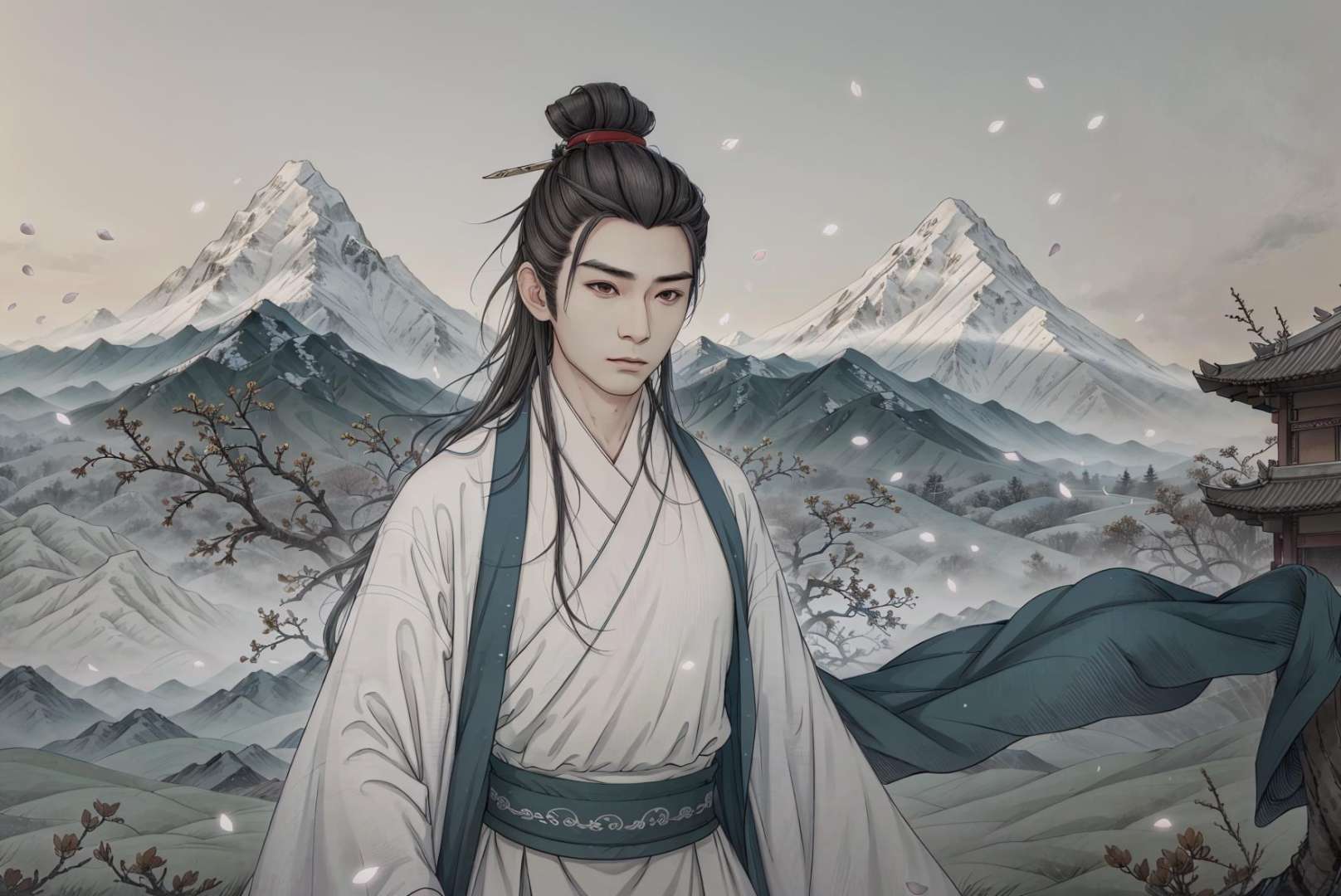 (masterpiece:0.8),best quality,gongbiv,gongbi painting,1boy,male focus,solo,black hair,long hair,mountain,bird,upper body,hanfu,chinese clothes,hair ornament,robe,hair stick,hair pulled back,black eyes,outdoors,looking to the side,looking away,flock,grey sky,single hair bun,half updo,white robe,brown eyes,japanese clothes,petals,lips,closed mouth,topknot,sky,hair bun,animal,mountainous horizon,brown background,long sleeves,wind,Chinese style meticulous painting,<lora:gongbi painting:0.8>,