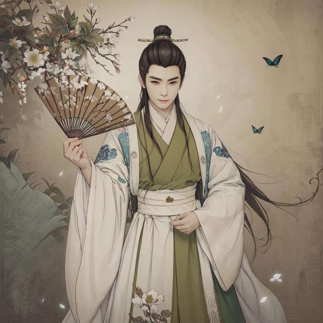 (masterpiece:0.8),best quality,gongbiv,gongbi painting,1boy,hanfu,male focus,solo,bug,chinese clothes,butterfly,branch,flower,holding,long hair,brown background,black hair,hand fan,hair ornament,robe,single hair bun,hair bun,upper body,wide sleeves,holding fan,leaf,tassel,long sleeves,standing,black eyes,folding fan,topknot,hair stick,brown eyes,white butterfly,beads,plant,smile,korean clothes,looking at viewer,sash,hand up,braid,brown hair,looking to the side,simple background,lips,androgynous,white robe,parted lips,looking away,white flower,Chinese style meticulous painting,<lora:gongbi painting:0.8>,