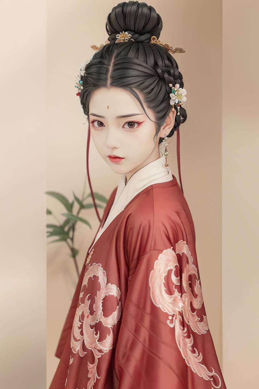 (masterpiece:0.8),best quality,gongbiv,gongbi painting,chinese clothes,1girl,solo,flower,hair ornament,black hair,red lips,makeup,mole under eye,looking down,portrait,lipstick,updo,closed mouth,black eyes,beads,hair pulled back,eyelashes,fingernails,eyeshadow,lips,hair stick,grey hair,hair bun,upper body,from side,leaf,hair beads,pink flower,ribbon,looking away,grey eyes,red ribbon,hair ribbon,short hair,<lora:gongbi painting:0.8>,