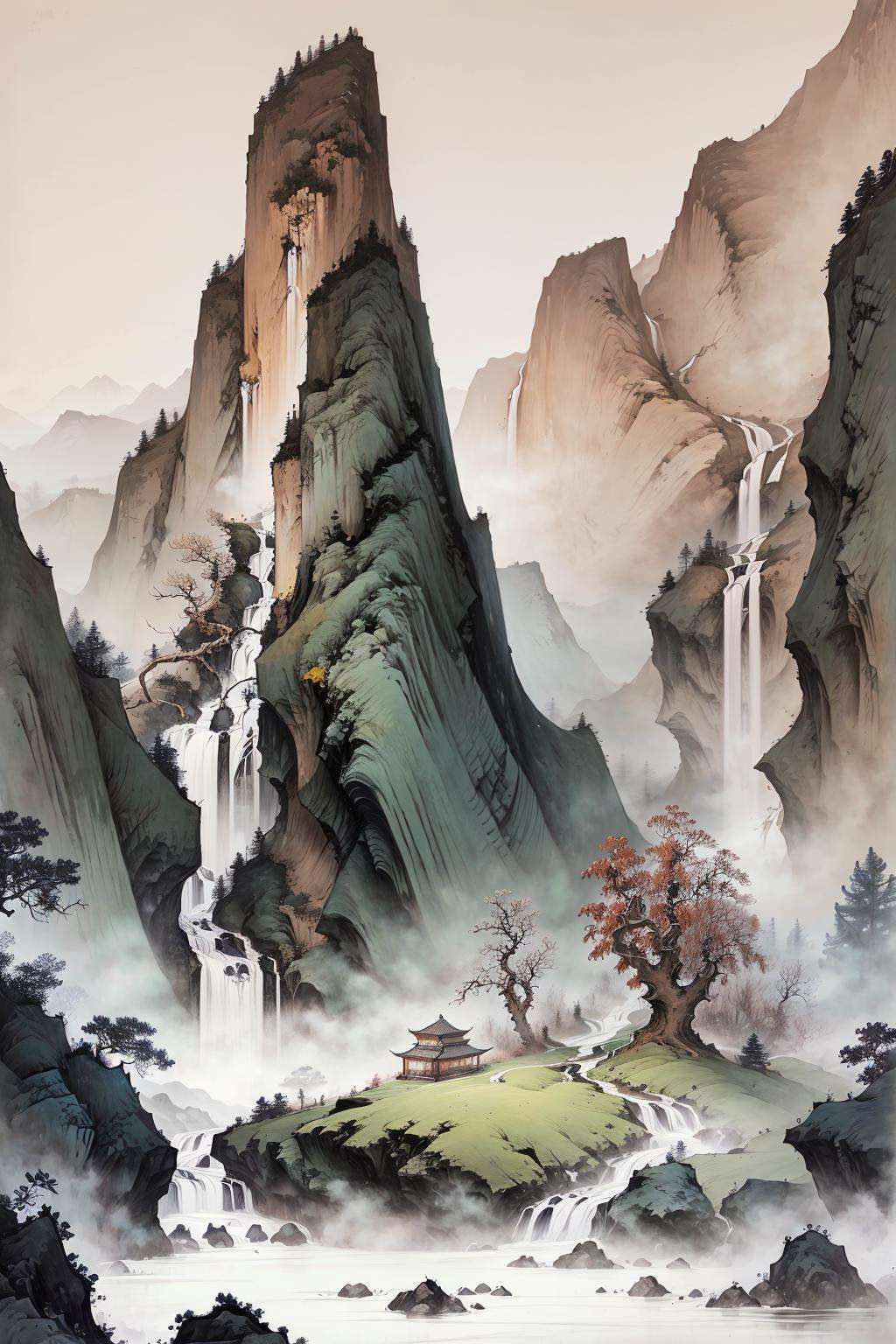 (masterpiece:0.8),best quality,gongbiv,gongbi painting,scenery,no humans,mountain,waterfall,outdoors,tree,water,nature,fog,cliff,landscape,plant,sky,forest,day,river,signature,Chinese style meticulous painting,<lora:gongbi painting:0.8>,