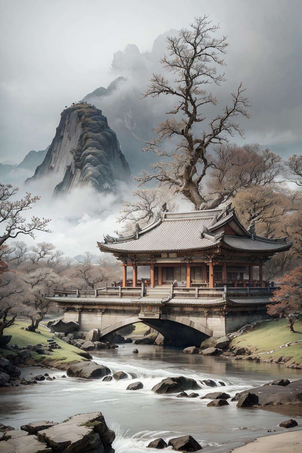 (masterpiece:0.8),best quality,gongbiv, gongbi painting, tree, no humans, mountain, torii, watercraft, scenery, cloud, architecture, outdoors, water, boat, sky, building, ship, cloudy sky, east asian architecture, bridge, shrine, statue, ocean, landscape, fog, nature, rope, river, bare tree, waves, grey sky, rock, cliff, forest, ruins, kneeling,Chinese style meticulous painting,<lora:gongbi painting:0.7>,