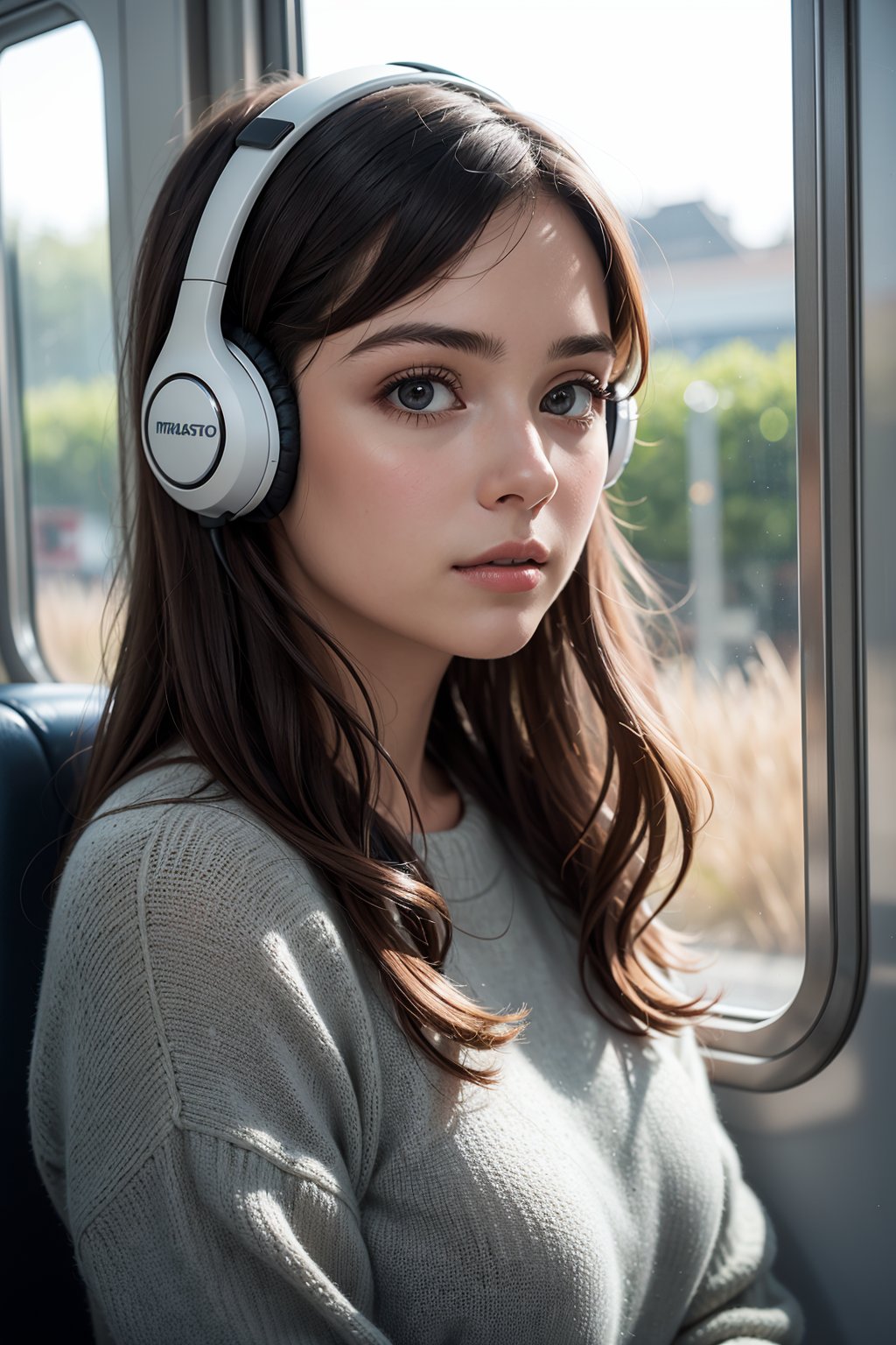 1girl,looking outside,in train,modern,headsets,relaxing,intricate details,((beautiful face)),(((best quality, masterpiece))),(((realistic))),