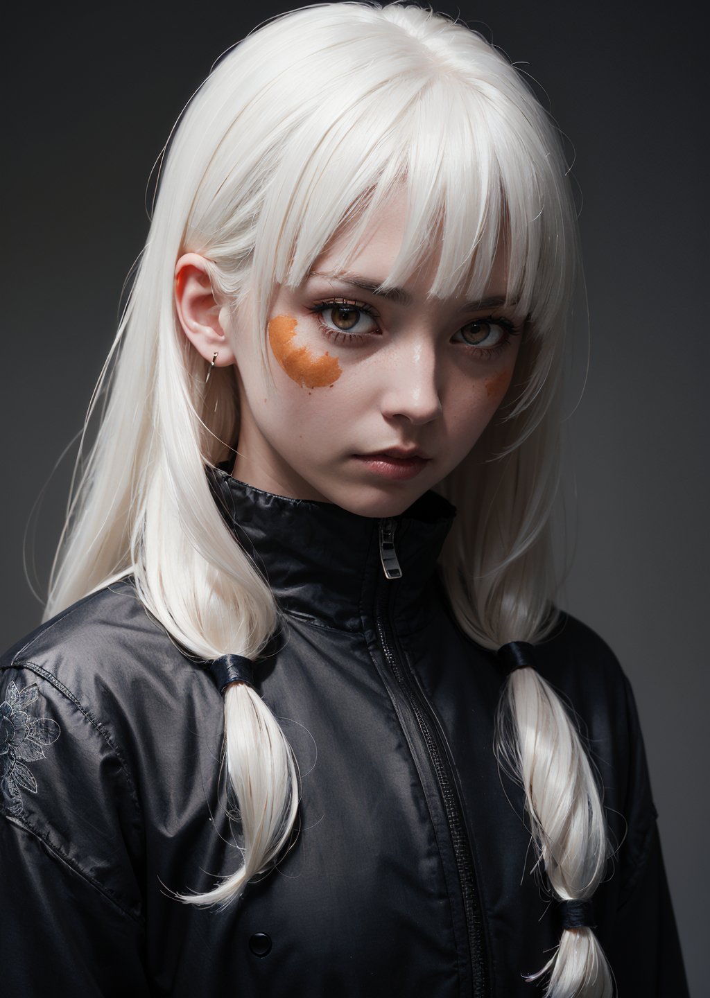 style of Tsutomu Nihei,(incredibly absurdres, (high resolution:1.18), intricate detail, (masterpiece:1.1), (highest quality:1.1), absurdres), (1girl, solo, portrait, white hair, orange eyes, long hair, detailed eyes),