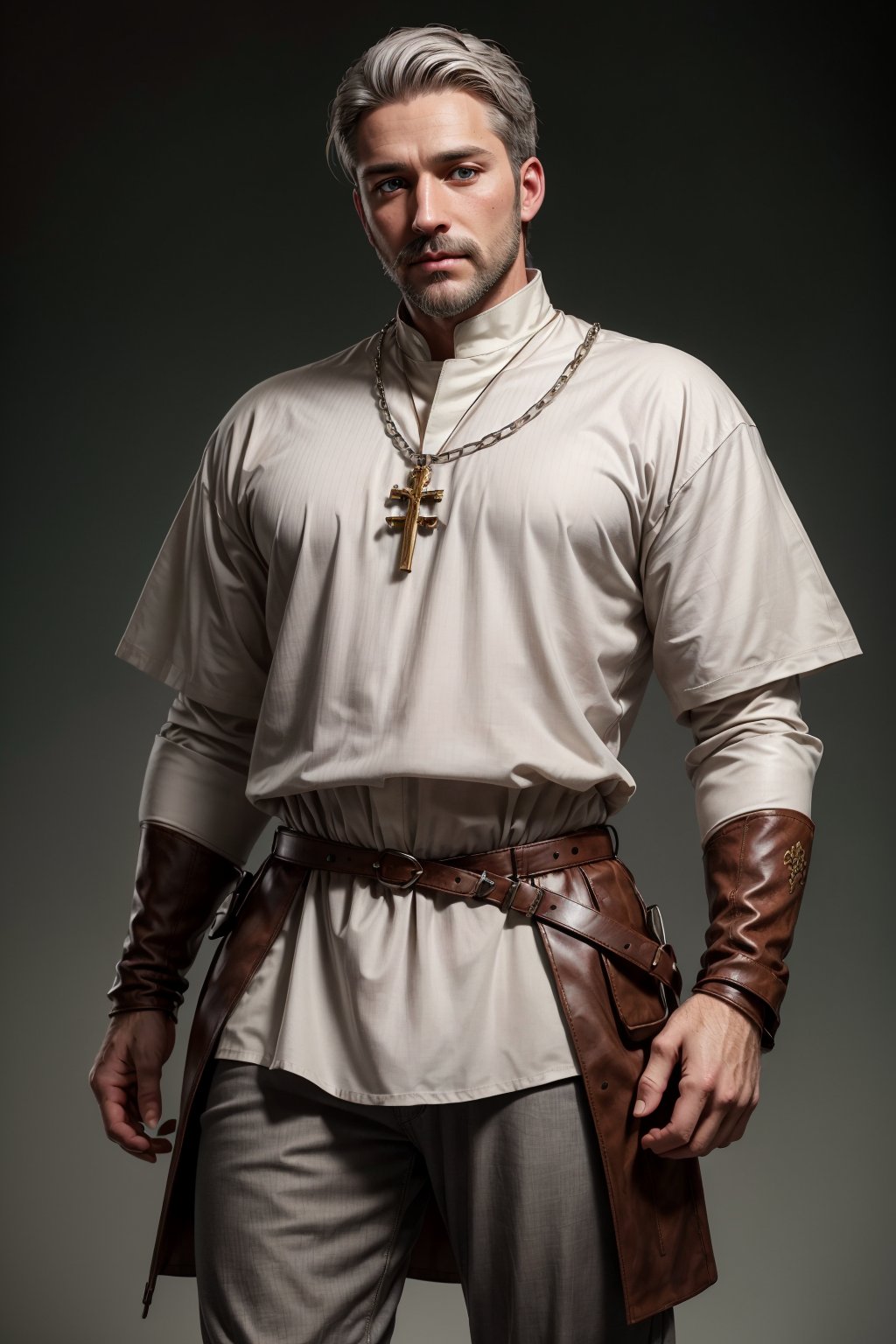 simple background,A 35 year old male,white hair,white mustache with a short white beard. strong,((grey medieval tunic)),brown loose medieval leather pants,adventure boots. Renaissance clothing,Stern look,green eyes,wearing an emerald on a small chain around his neck,cowboy shot,<lora:wowifierV3:0.6>,<lora:more_details:0.7>,holy magic around him,vamptech,