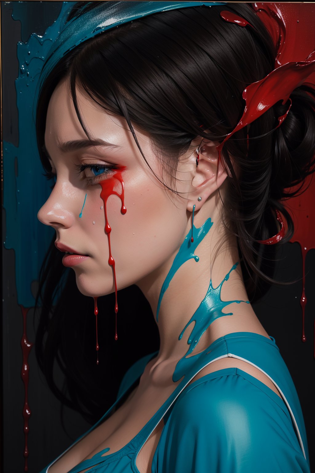 masterpiece,best quality,ultra high res,(abstract art:1.4),bleeding blue,blue theme,visually stunning,beautiful,evocative,emotional,(side view of a woman bleeding paint),crying paint,looking at viewer,