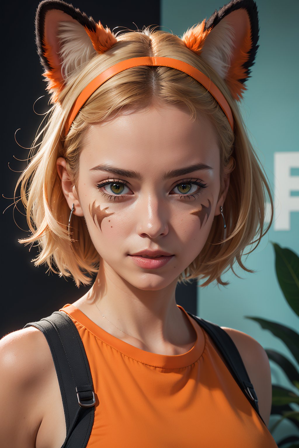 (masterpiece:1.1),(highest quality:1.1),(HDR:1),extreme quality,cg,(negative space),detailed face+eyes,1girl,fox ears,animal ear fluff,(plants:1.18),(fractal art),(bright colors),splashes of color background,colors mashing,paint splatter,complimentary colors,neon,(thunder tiger),compassionate,electric,limited palette,synthwave,fine art,tan skin,upper body,(green and orange:1.2),time stop,sy3,SMM,