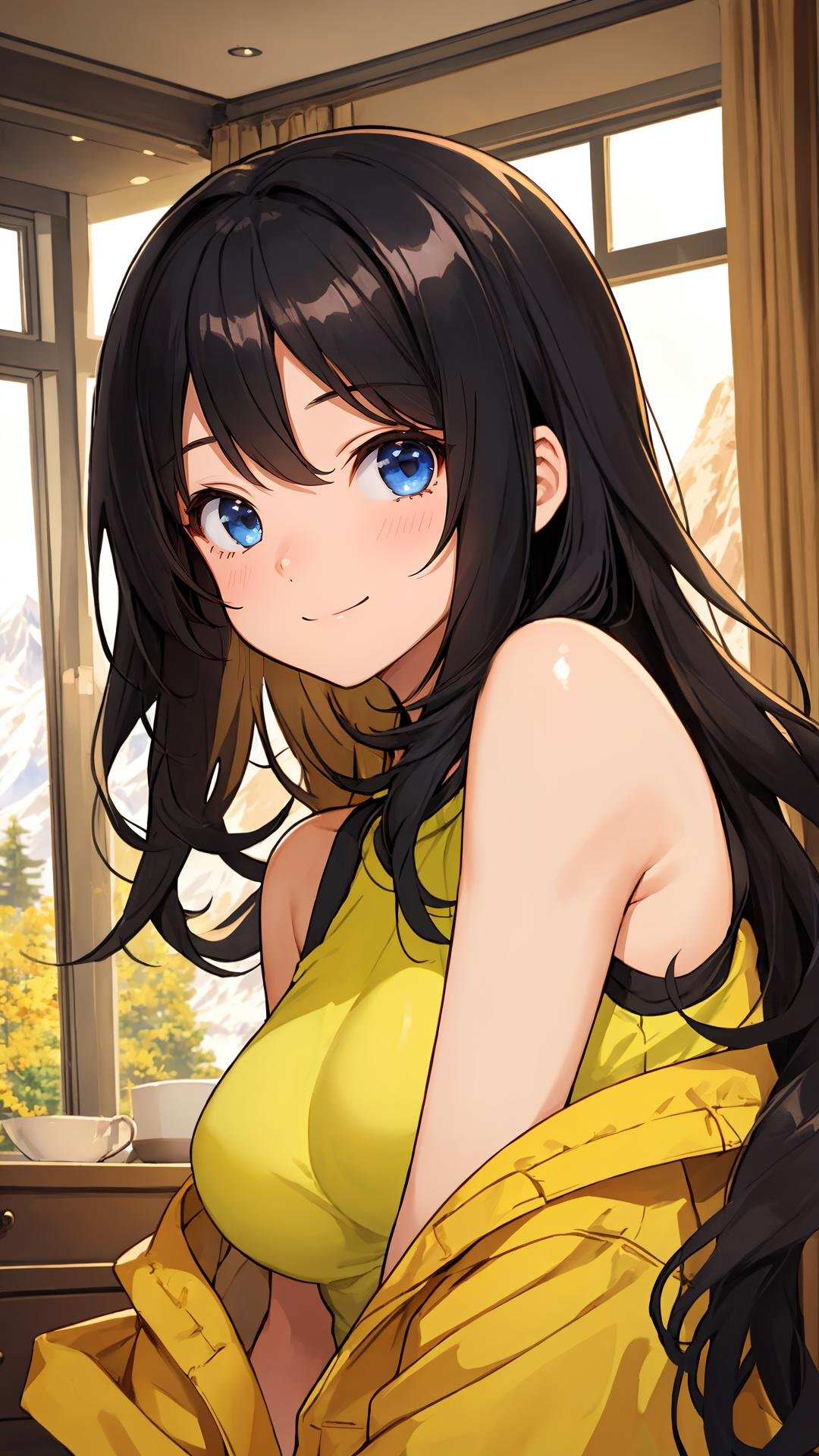 (masterpiece), (best quality), looking at viewer, 1girl, bright skin, (shiny skin:1.2), (black theme), indoors, happy face, upper body, (natural wavy:0.8), medeum breasts, day, layered style, mountain, black hair,