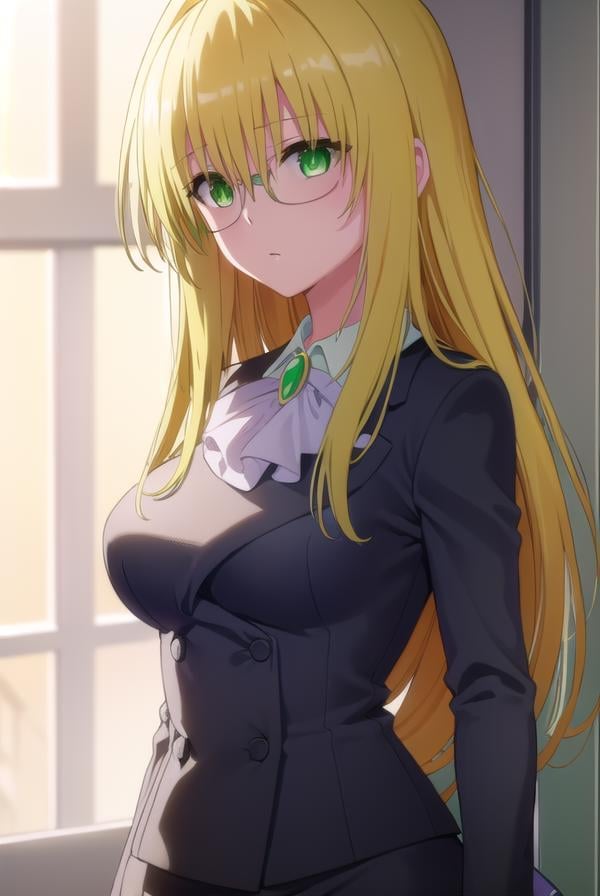 tearjulunatique, <lora:tearju lunatique darkness-lora-nochekaiser:1>,tearju lunatique, long hair, blonde hair, (green eyes:1.5), sidelocks, glasses,BREAK shirt, collared shirt, white shirt, suit, formal suit, long sleeves, ascot, white ascot, gemstone, green gemstone, skirt, pencil skirt,BREAK indoors, classroom,BREAK looking at viewer, (cowboy shot:1.5),BREAK <lyco:GoodHands-beta2:1>, (masterpiece:1.2), best quality, high resolution, unity 8k wallpaper, (illustration:0.8), (beautiful detailed eyes:1.6), extremely detailed face, perfect lighting, extremely detailed CG, (perfect hands, perfect anatomy),