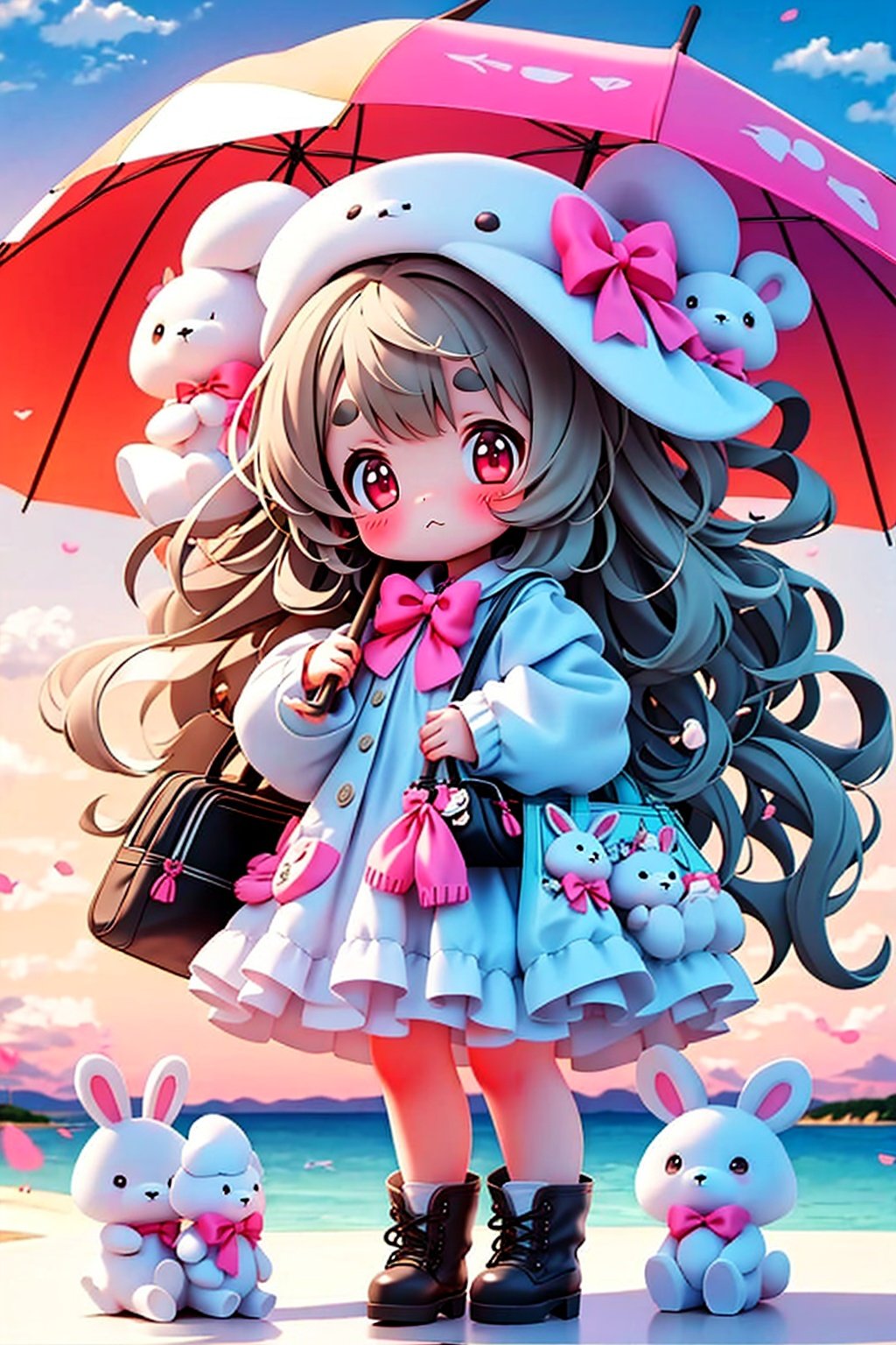 masterpiece,best quality, 1girl, chibi, solo, long hair, looking at viewer, blush, bangs, red eyes, long sleeves, hat, dress, bow, holding, animal ears, very long hair, closed mouth, standing, full body, white hair, boots, bag, white dress, rabbit ears, white headwear, umbrella, brown footwear, stuffed toy, thick eyebrows, stuffed animal, pink bow, teddy bear, shoulder bag, holding umbrella, animal bag, outdoors, sea,sunset,sunshine,sky