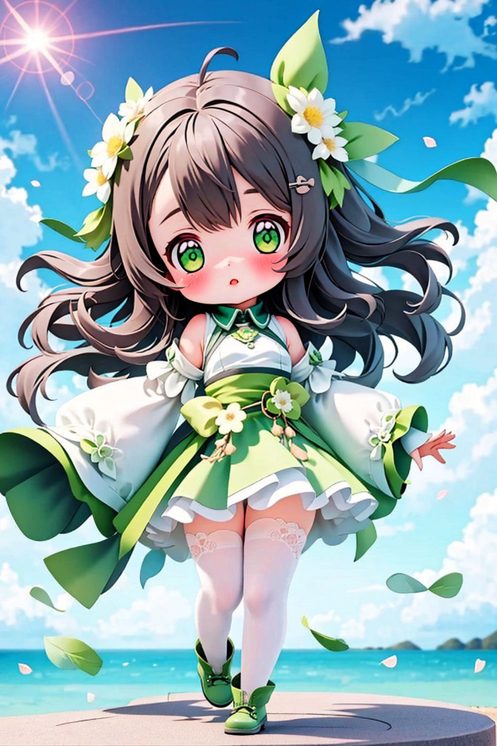 masterpiece,best quality, 1girl, chibi, solo, looking at viewer, blush, bangs, brown hair, hair ornament, thighhighs, long sleeves, dress, green eyes, standing, full body, flower, detached sleeves, hair flower, wide sleeves, white thighhighs, petals, green dress, green footwear, outdoors, sea,cloud,wind,sunshine,sky