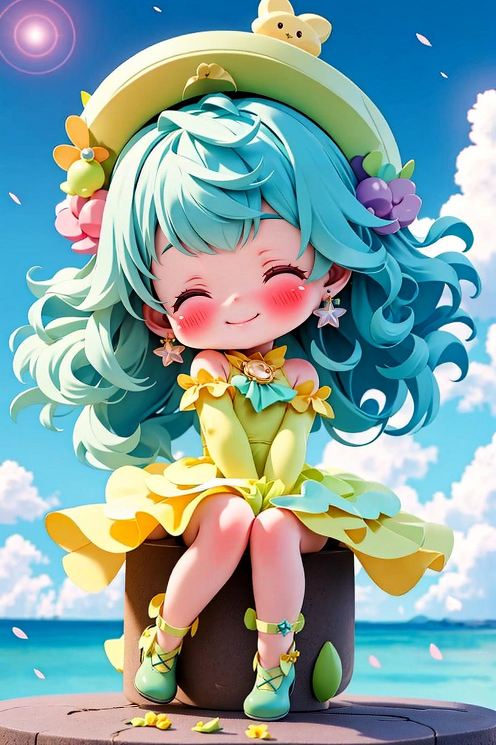 masterpiece,best quality, 1girl, chibi, solo, blush, smile, bangs, gloves, hat, dress, jewelry, sitting, closed mouth, closed eyes, multicolored hair, earrings, green hair, elbow gloves, hair rings, yellow dress, simple background, outdoors, sea,cloud,wind,sunshine,sky
