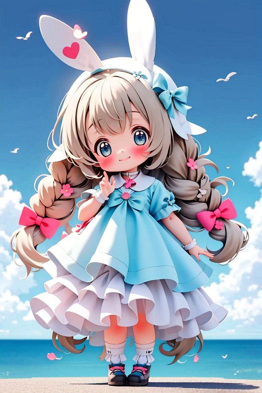 masterpiece,best quality, 1girl, chibi, solo, long hair, looking at viewer, blush, smile, bangs, blue eyes, blonde hair, dress, bow, animal ears, very long hair, closed mouth, standing, full body, braid, short sleeves, shoes, socks, hand up, grey background, rabbit ears, twin braids, blue dress, outdoors, flowers,sky,sunshine