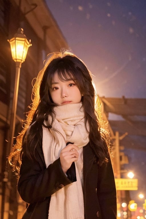 a girl, brown wavy long curly hair, beautiful and detailed eyes, scarf, sweater, winter, snowing, standing under the street lamp, upper body, night, night, backlighting,kamisama,<lora:kamisama_20231114161059-000006:0.7>,