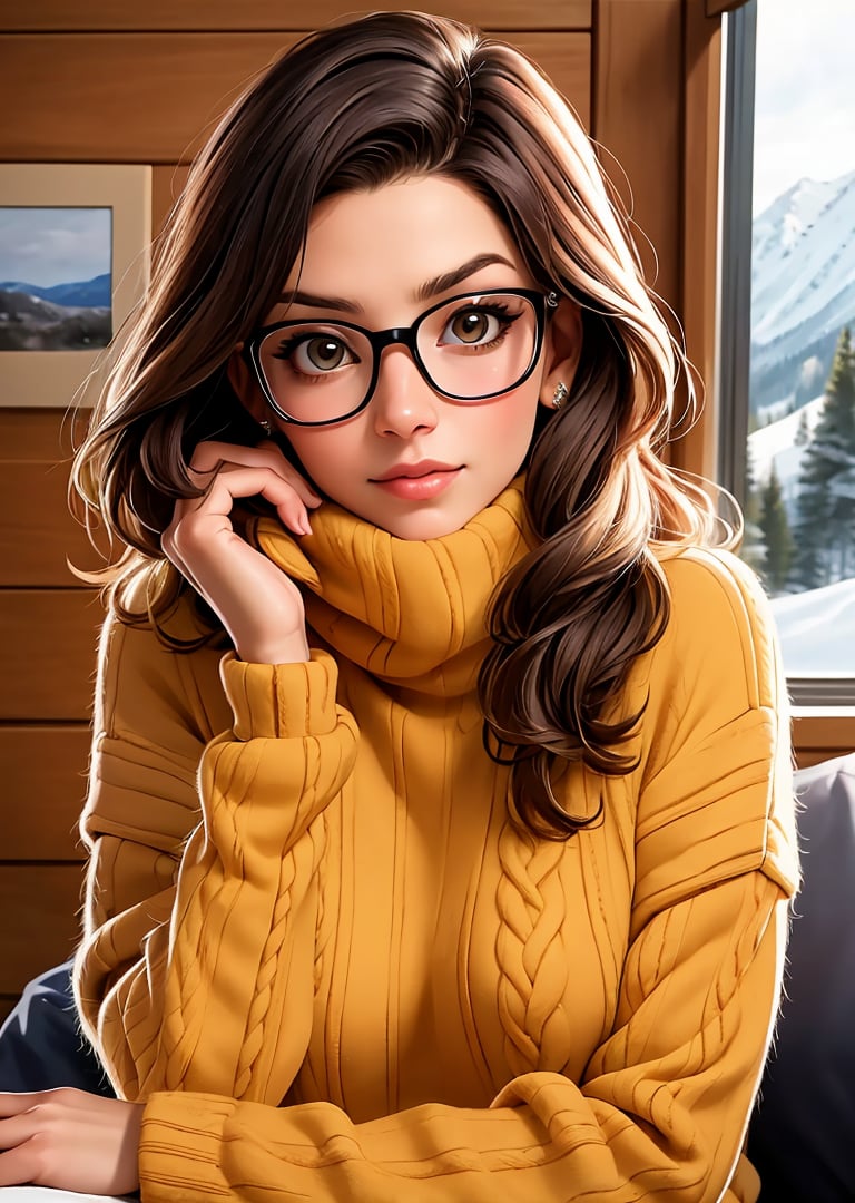 A photo of emb-babs,as a beautiful woman in a thick sweater,wearing stylish glasses,in a ski cabin,(looking at the camera),photoshoot style,seductive expression,8k HD,RAW,dslr,perfect features,flawless skin,skin pores,professional,masterpiece,(photorealistic:1.4),detailed,intricate,high resolution,detailed background,fcDetailPortrait,epiCRealism,OverallDetail.,