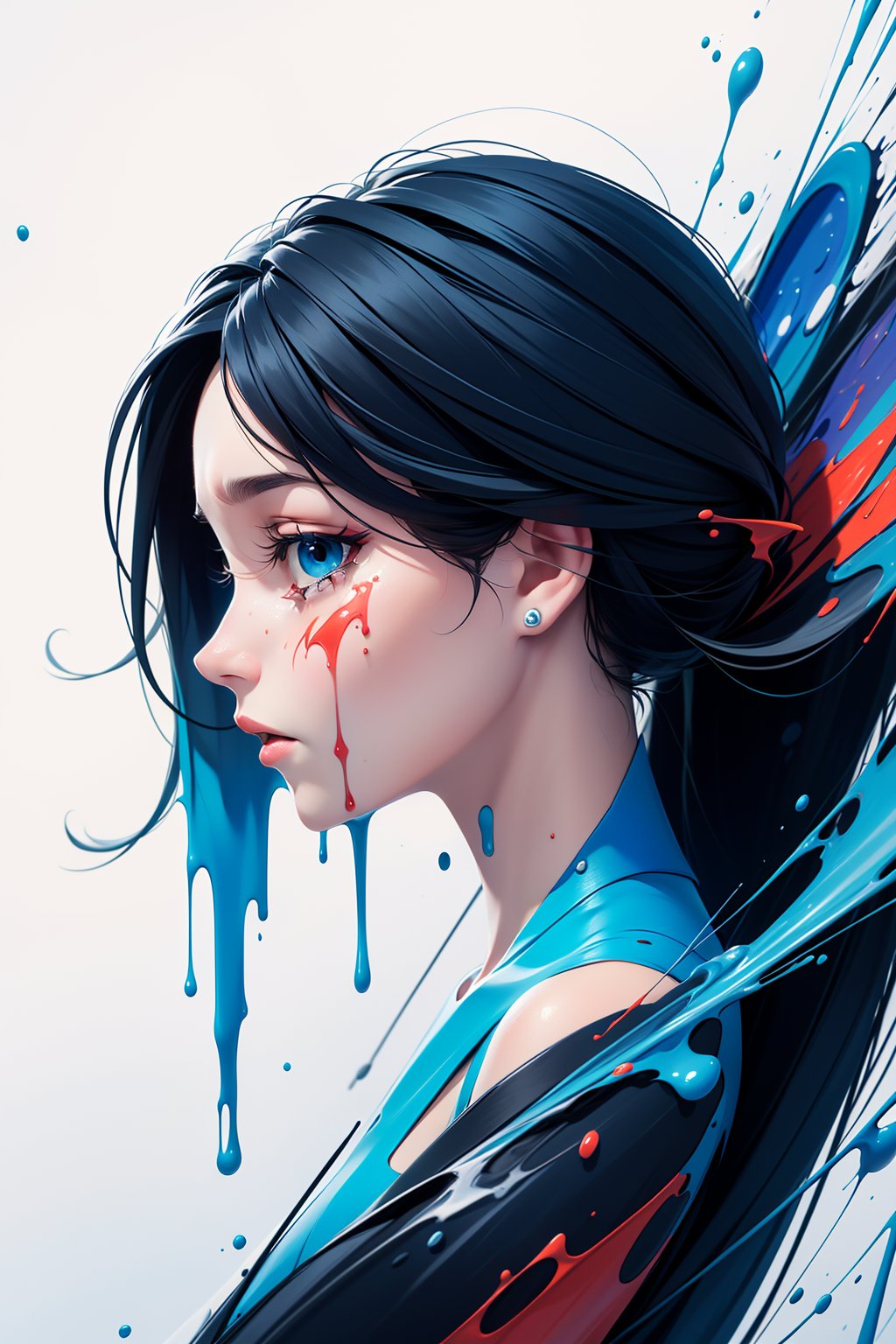 masterpiece,best quality,ultra high res,(abstract art:1.4),bleeding blue,blue theme,visually stunning,beautiful,evocative,emotional,(side view of a woman bleeding paint),crying paint,looking at viewer,