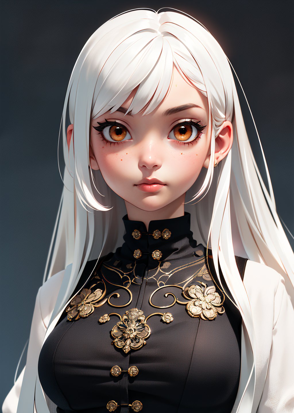 style of Tsutomu Nihei,(incredibly absurdres, (high resolution:1.18), intricate detail, (masterpiece:1.1), (highest quality:1.1), absurdres),(1girl, solo, portrait, white hair, orange eyes, long hair, detailed eyes),