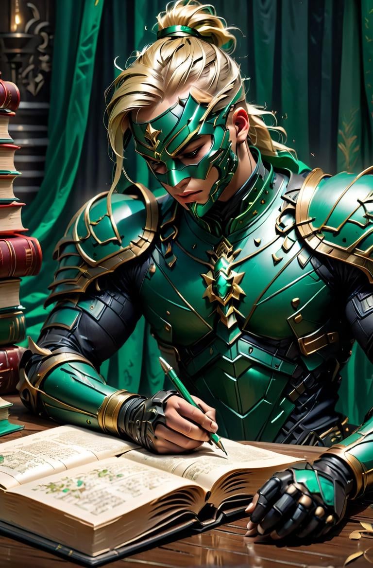 masterpiece, photorealistic highly detailed 8k photography, best cinematic quality, volumetric lighting and shadows, sharp intricate details, <lora:hadesarmorXL:1> ash blonde cornrows muscled young man in Emerald Green hdsrmr, mask, Lying on the stomach, pretending to doodle in a diary, court background