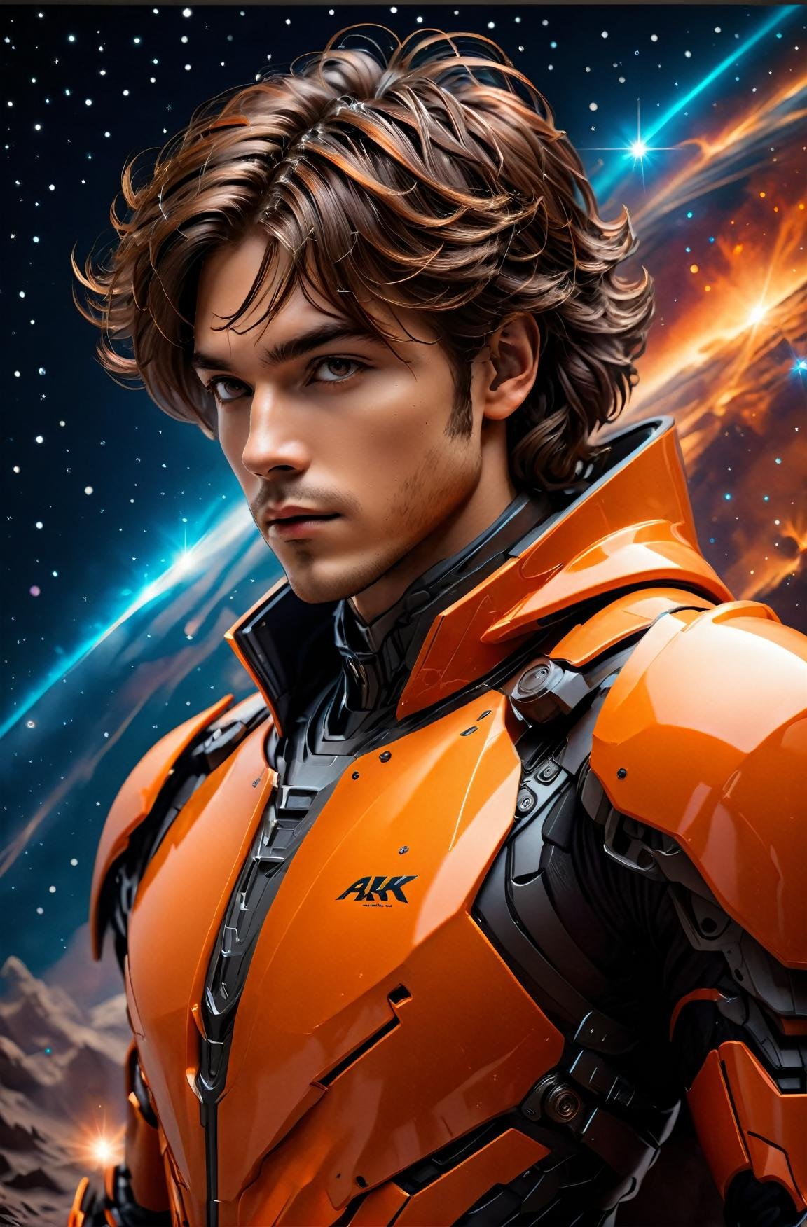 masterpiece, photorealistic highly detailed 8k photography, best cinematic quality, volumetric lighting and shadows, sharp intricate details, <lora:hadesarmorXL:1> medium brown shaggy hair young man in Bright Orange hdsrmr, cosmic background