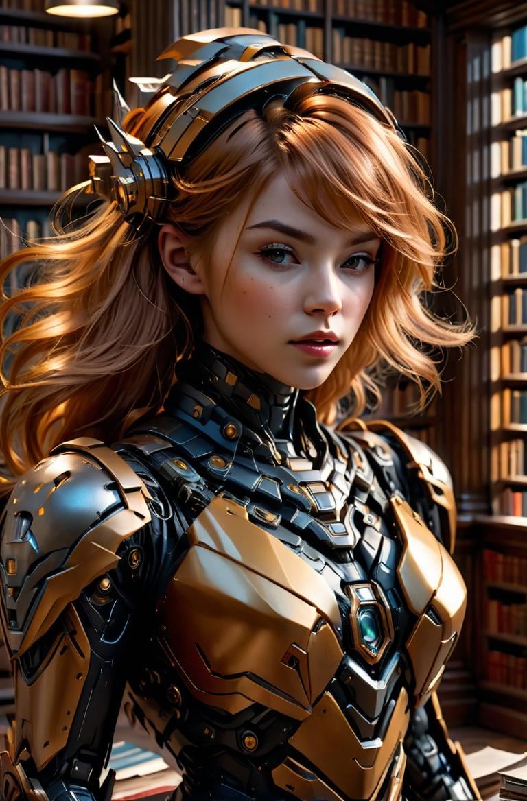 masterpiece, photorealistic highly detailed 8k photography, best cinematic quality, volumetric lighting and shadows, sharp intricate details, <lora:hadesarmorXL:1> strawberry blonde messy hair young woman in Amber hdsrmr, mecha headwear, Lying flat with hands under the head, haunted library background