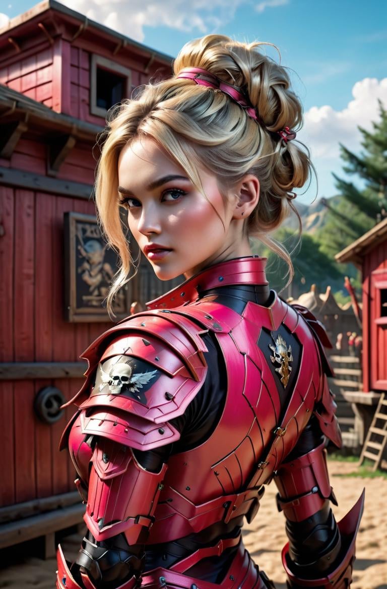 masterpiece, photorealistic highly detailed 8k photography, best cinematic quality, volumetric lighting and shadows, sharp intricate details, <lora:hadesarmorXL:1> natural blonde updo hairstyle young woman in Bright Pink hdsrmr, text "HADES ARMOR XL" in the background, Pretending to be a pirate with a hook hand, chicken coop background
