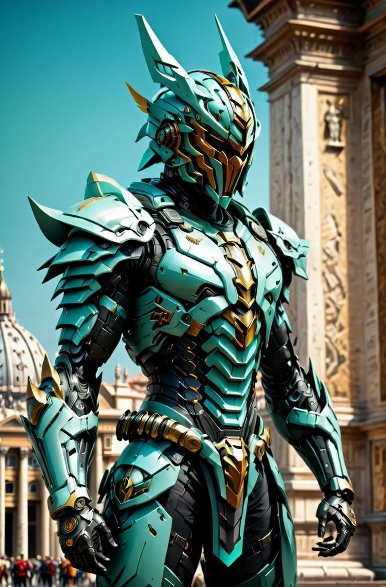 masterpiece, photorealistic highly detailed 8k photography, best cinematic quality, volumetric lighting and shadows, sharp intricate details, <lora:hadesarmorXL:1> yellow twist-out muscled young man in Mint Green hdsrmr, mecha helmet, mask, Standing with one hand over the heart, vatican city background