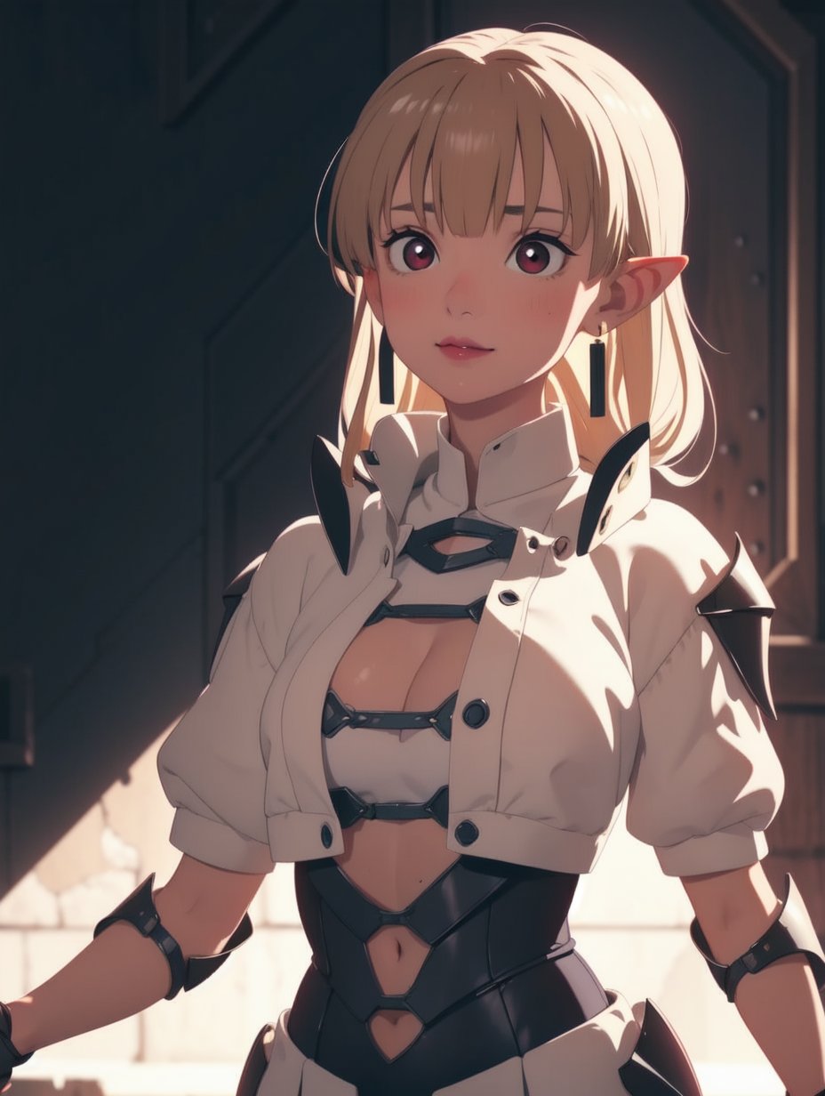 (masterpiece,  best quality,  perfect hourglass figure,  wide waist,  arms behind back),  busty,  portrait,  perfect face,  flawless eyes,  empty gradient background,  beautiful lips,  full lips,  ,  cowboy shot,  ,  sanpaku,  round pupils,  red eyes,  long blond hair,  eyeliner,  lipstick,  ,  concave bangs,  slight smile,  closed mouth,  long horns,  DRK_Glam,  dark armor,  wearing DRK_Glam,  ,  tan,  dark skin,  spiked chestplate,  navel,  groin,  cleavage,  huge breasts,  sagging breasts,  shoulder pads,  pointy ears,  heavy black armor,<lora:EMS-86378-EMS:0.700000>