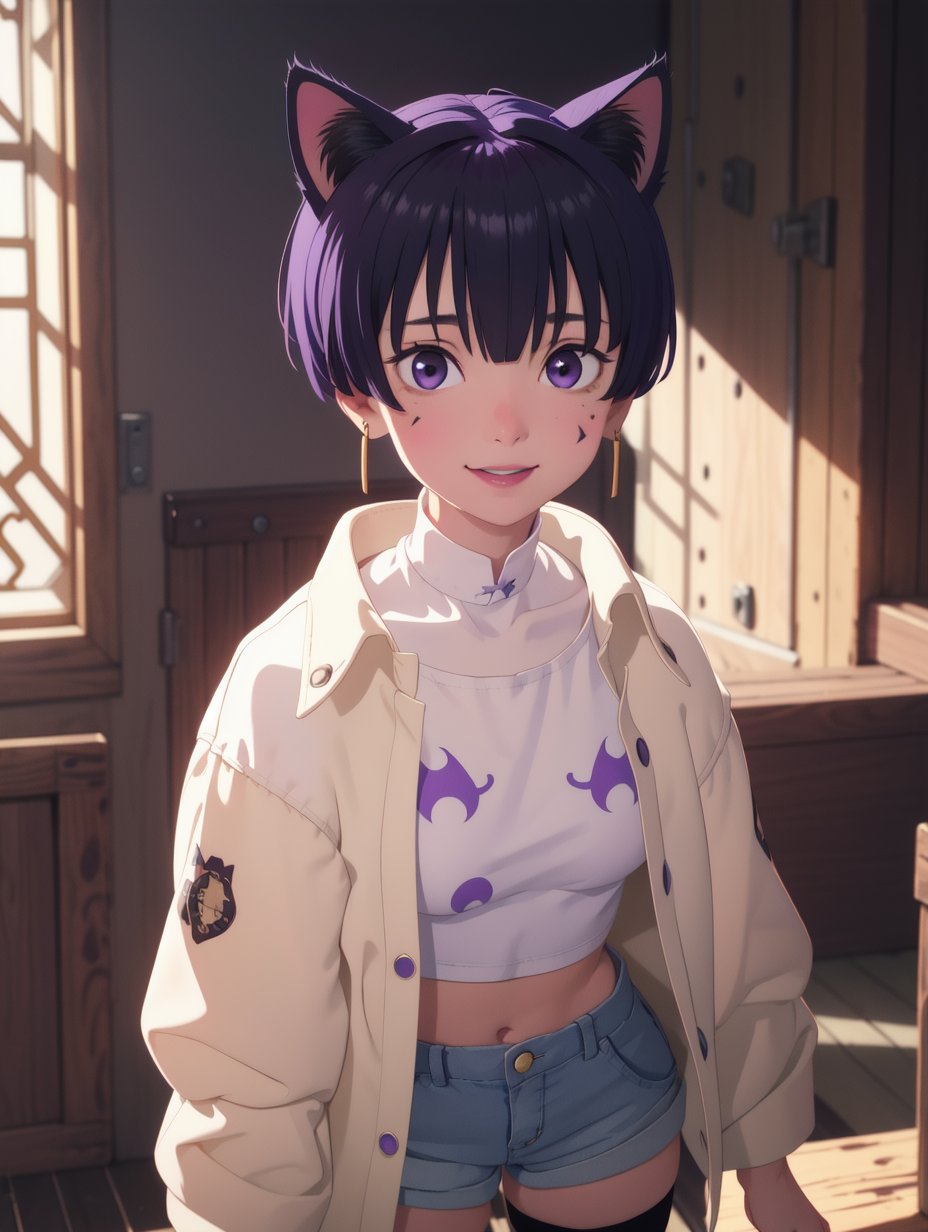 (masterpiece:1.2,  best quality:1.2,  beautiful,  high quality,  highres:1.1,  aesthetic),  detailed,  extremely detailed,  ambient soft lighting,  4K,  perfect eyes,  perfect face,  perfect lighting,  1girl,  animal ears,  bangs,  bare shoulders,  black thighhighs,  purple eyes,  breasts,  cat ears,  cat girl,  cat tail,  closed mouth,  collarbone,  covered nipples,  crop top,  facial mark,  hair over one eye,  halterneck,  jacket,  large breasts,  lips,  long sleeves,  looking at viewer,  off shoulder,  open clothes,  purple hair,  shirt,  short hair,  short shorts,  shorts,  sleeveless,  smile,  solo,  tail,  thighhighs,  whisker markings,<lora:EMS-86378-EMS:0.700000>