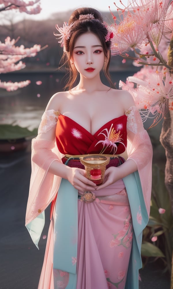 (,1girl, ,best quality, )<lora:DA-国风-敦煌A:0.7>,, ,masterpiece, fantasy, realistic,science fiction,mole, ultra realistic 8k cg, ,tamari \(flawless\),  medium breasts  ,spider lily, lily \(flower\),cherry blossoms,plum blossoms, strawberry blossoms      (()), (),