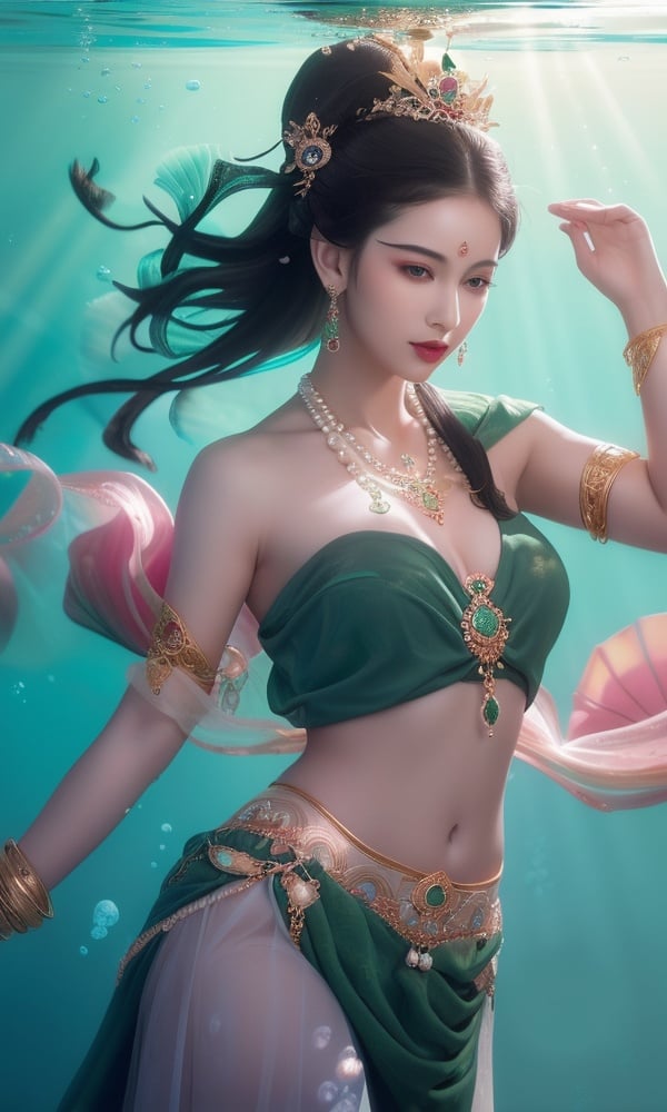 (,1girl, ,best quality, )<lora:DA-国风-敦煌A:0.8>,, ,masterpiece,((((1girl, solo, medium breasts, solo focus, seaweed,underwater, ))))    (()), (), ,ultra realistic 8k cg, flawless, clean, masterpiece, professional artwork, famous artwork, cinematic lighting, cinematic bloom, perfect face, beautiful face, fantasy, dreamlike, unreal, science fiction, luxury, jewelry, diamond, gold, pearl, gem, sapphire, ruby, emerald, intricate detail, delicate pattern, charming, alluring, seductive, erotic, enchanting, hair ornament, necklace, earrings, bracelet, armlet,halo,