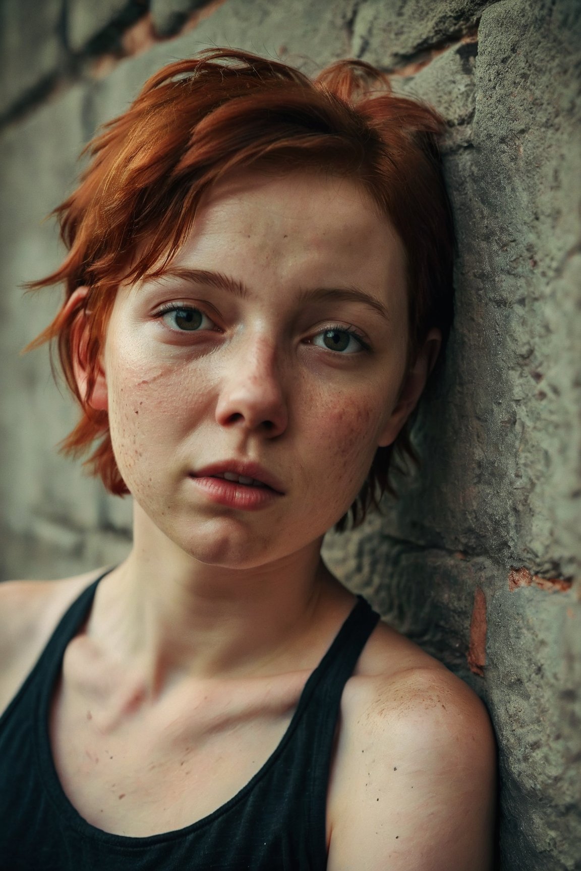 raw portraint photo of a beautiful cute 20yo woman leaning on a wall, skin moles, detailed skin, short red hair, cinematic shot
,more saturation ,Cinematic 