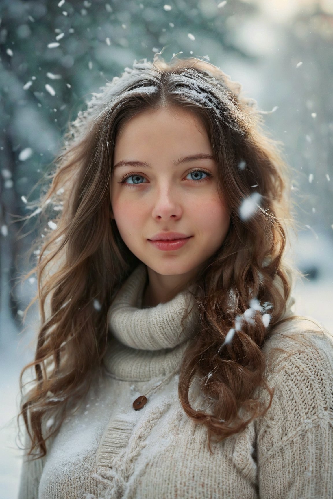 beautiful detailed eyes, beautiful detailed lips, extremely detailed eyes and face, long eyelashes, long flowing hair, a sweet smile, a girl with a sporty look, wearing a cozy sweater, immersed in a snowing background, surrounded by gently falling snowflakes, creating a serene and magical atmosphere, capturing the peacefulness and tranquility of a winter's day. The snow-covered landscape and the soft glow of the winter light enhance the girl's presence, making her stand out as the focal point of the painting. The intricate details in her eyes and lips bring out her inner beauty and depth, captivating the viewer's attention. The long hair flows elegantly, adding movement and grace to the composition. The cozy sweater adds a touch of warmth to the scene, contrasting with the cool tones of the snowy background. The combination of the girl's expression and the snowy setting evokes a sense of wonder and joy, inviting the viewer to experience the magic of the winter season,Cinematic 