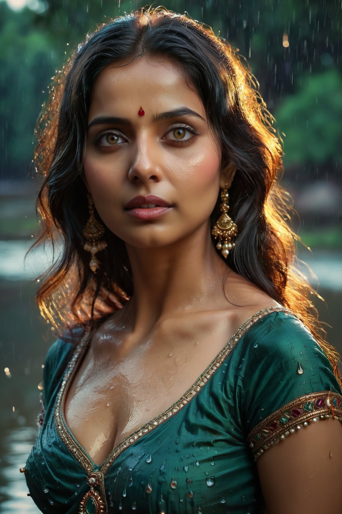 (best quality,4k,8k,highres,masterpiece:1.2),ultra-detailed,(realistic,photorealistic,photo-realistic:1.37),indian beauty,sexy eyes with mesmerizing gaze,perfectly defined features,flowing dark hair,exquisite indian dress revealing elegant curves,vibrant colors hinting at the rich culture,dynamic lighting creating a sense of movement,romantic raindrops glistening on her flawless skin,magical atmosphere with soft glowing lights,serene river in the background reflecting the enchanting scene.,Cinematic 