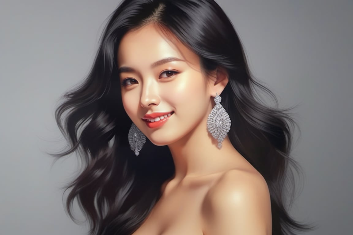 Very (detailed) illustration of a ((best quality)), ((masterpiece)),mesmerizing and alluring female model,cute,23yo,confident smile,looking at viewer,disheveled black hair BREAK skinny tight clothes,torn clothes,[bare] shoulders, small earrings,jewelry,hourglass_figure, natural huge breasts,glossy skin BREAK high contrast,[colorful],rule of thirds,cinematic lighting,very sexy pose,detailmaster2,han-hyoju-xl